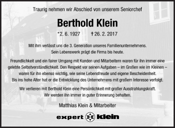 Traueranzeige von Berthold Klein von Siegener Zeitung