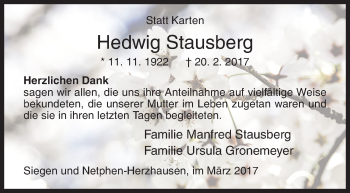 Traueranzeige von Hedwig Stausberg von Siegener Zeitung