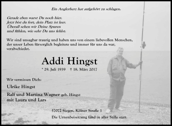 Traueranzeige von Addi Hingst von Siegener Zeitung