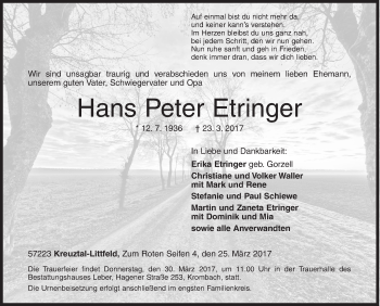 Traueranzeige von Hans Peter Etringer von Siegener Zeitung