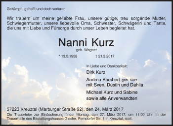 Traueranzeige von Nanni Kurz von Siegener Zeitung