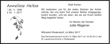Traueranzeige von Anneliese Heitze von Siegener Zeitung