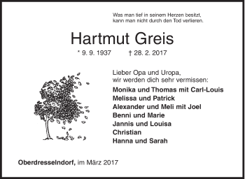 Traueranzeige von Hartmut Greis von Siegener Zeitung