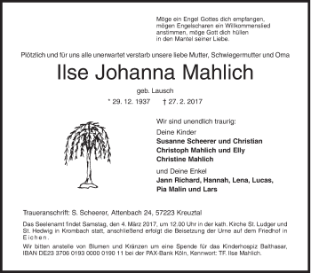 Traueranzeige von Ilse Johanna Mahlich von Siegener Zeitung