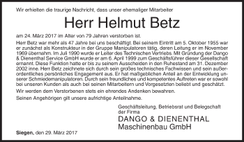 Traueranzeige von Helmut Betz von Siegener Zeitung