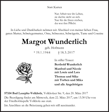 Traueranzeige von Margot Wunderlich von Siegener Zeitung