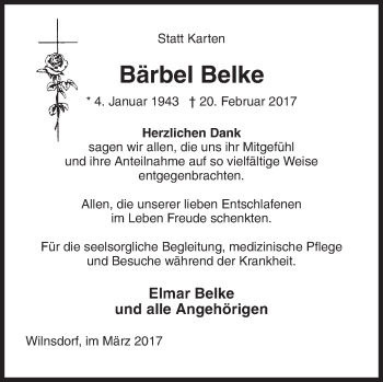 Traueranzeige von Bärbel Belke von Siegener Zeitung