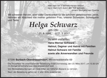 Traueranzeige von Helga Schwarz von Siegener Zeitung