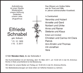 Traueranzeige von Elfriede Schnabel von Siegener Zeitung