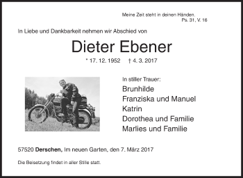 Traueranzeige von Dieter Ebener von Siegener Zeitung