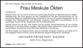 Traueranzeige von Meskule Ökten von Siegener Zeitung