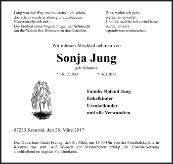 Traueranzeige von Sonja Jung von Siegener Zeitung