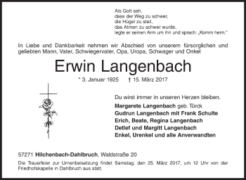 Traueranzeige von Erwin Langenbach von Siegener Zeitung