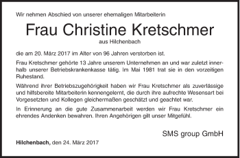 Traueranzeige von Christine Kretschmer von Siegener Zeitung