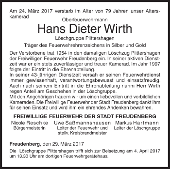 Traueranzeige von Hans Dieter Wirth von Siegener Zeitung