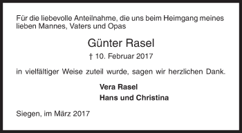 Traueranzeige von Günter Rasel von Siegener Zeitung
