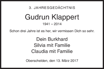 Traueranzeige von Gudrun Klappert von Siegener Zeitung