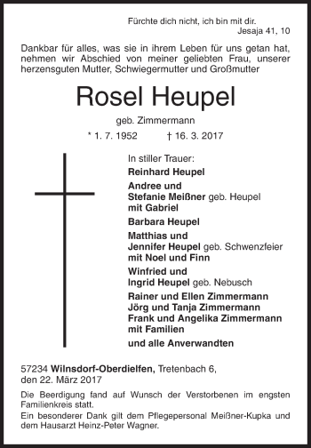 Traueranzeige von Rosel Heupel von Siegener Zeitung