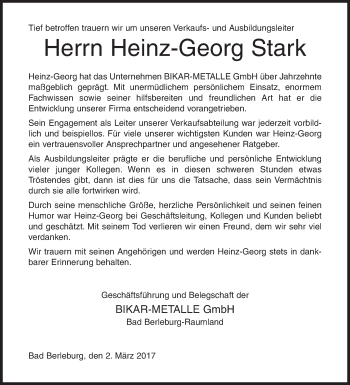 Traueranzeige von Heinz-Georg Stark von Siegener Zeitung