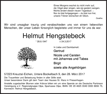 Traueranzeige von Helmut Hengstebeck von Siegener Zeitung