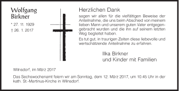 Traueranzeige von Wolfgang Birkner von Siegener Zeitung