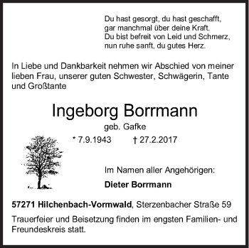 Traueranzeige von Ingeborg Borrmann von Siegener Zeitung
