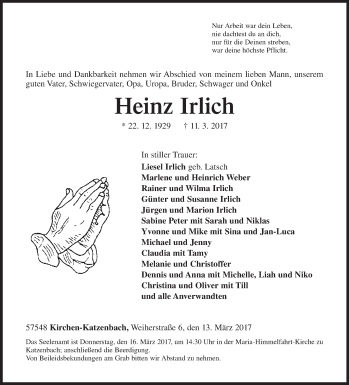 Traueranzeige von Heinz Irlich von Siegener Zeitung