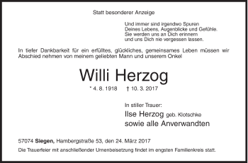 Traueranzeige von Willi Herzog von Siegener Zeitung