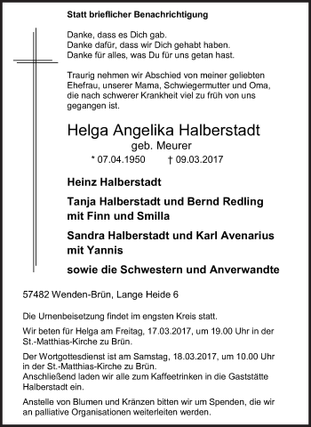 Traueranzeige von Helga Angelika Halberstadt von Siegener Zeitung