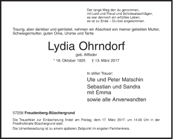 Traueranzeige von Lydia Ohrndorf von Siegener Zeitung