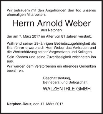 Traueranzeige von Arnold Weber von Siegener Zeitung