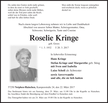 Traueranzeige von Roselie Kringe von Siegener Zeitung
