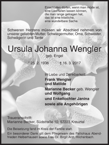 Traueranzeige von Ursula Johanna Wengler von Siegener Zeitung