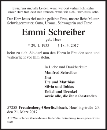 Traueranzeige von Emmi Schreiber von Siegener Zeitung