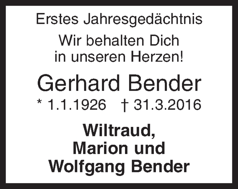  Traueranzeige für Gerhard Bender vom 31.03.2017 aus Siegener Zeitung