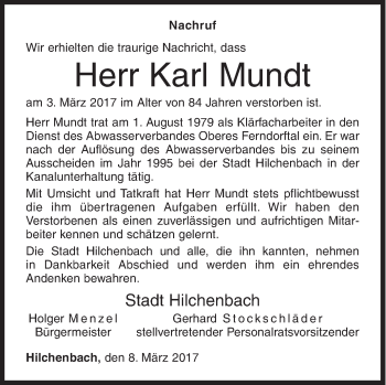 Traueranzeige von Karl Mundt von Siegener Zeitung