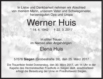 Traueranzeige von Werner Huis von Siegener Zeitung