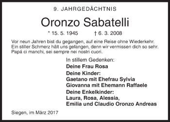 Traueranzeige von Oronzo Sabatelli von Siegener Zeitung