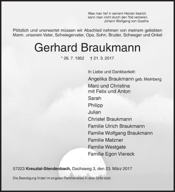 Traueranzeige von Gerhard Braukmann von Siegener Zeitung