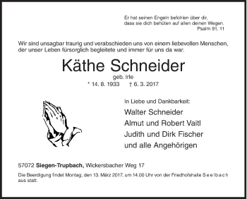 Traueranzeige von Käthe Schneider von Siegener Zeitung