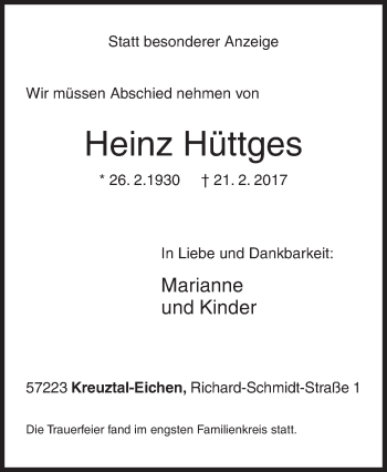 Traueranzeige von Heinz Hüttges von Siegener Zeitung