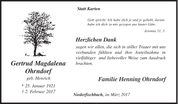 Traueranzeige von Gertrud Magdalena Ohrndorf von Siegener Zeitung