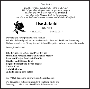 Traueranzeige von Ilse Jakobi von Siegener Zeitung
