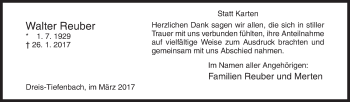 Traueranzeige von Walter Reuber von Siegener Zeitung