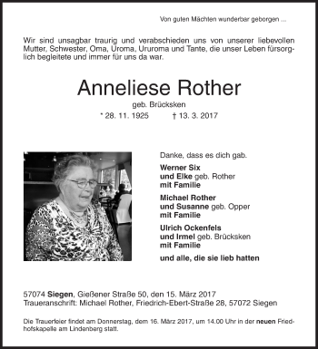 Traueranzeige von Anneliese Rother von Siegener Zeitung