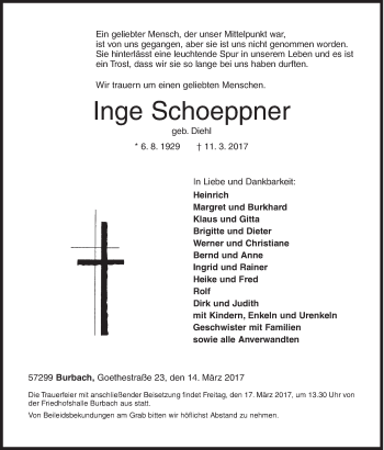 Traueranzeige von Inge Schoeppner von Siegener Zeitung