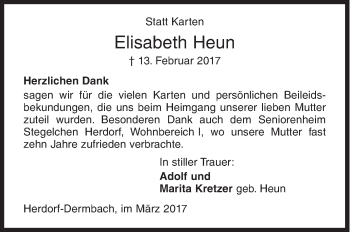 Traueranzeige von Elisabeth Heun von Siegener Zeitung