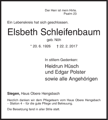 Traueranzeige von Elsbeth Schleifenbaum von Siegener Zeitung