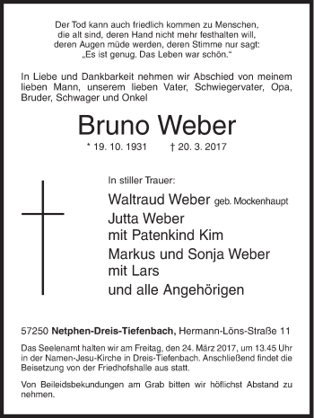 Traueranzeige von Bruno Weber von Siegener Zeitung