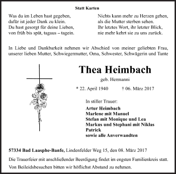 Traueranzeige von Thea Heimbach von Siegener Zeitung